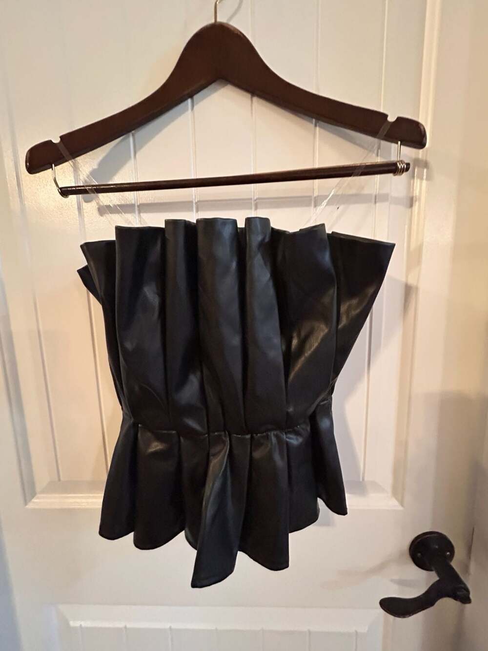 BuddyLove Black Faux Leather Strapless Pleated Peplum Top